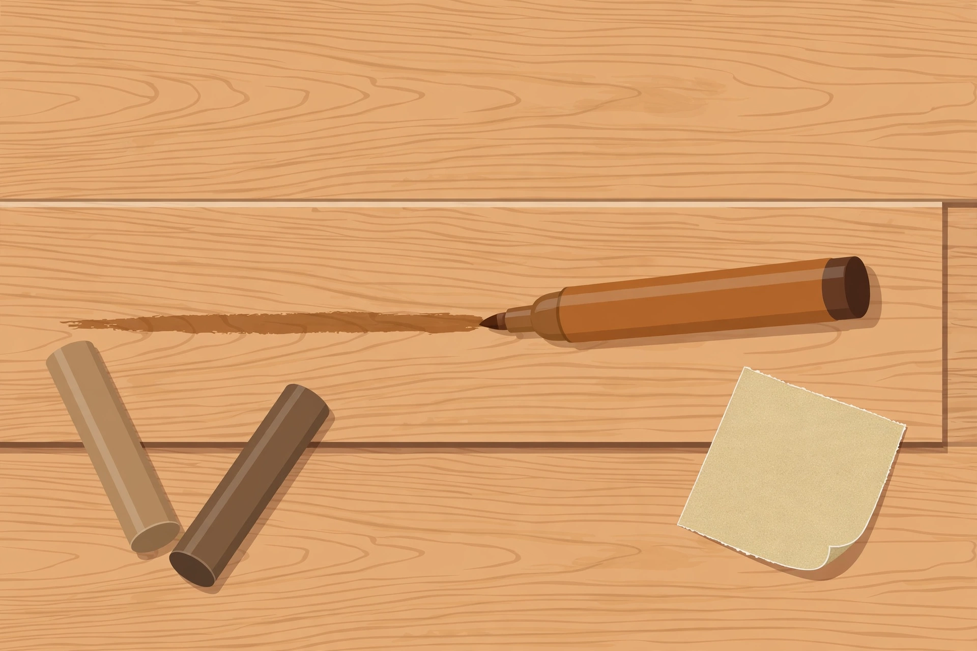 Stain marker touching up a scratch on an oak floorboard with wax filler sticks and sandpaper