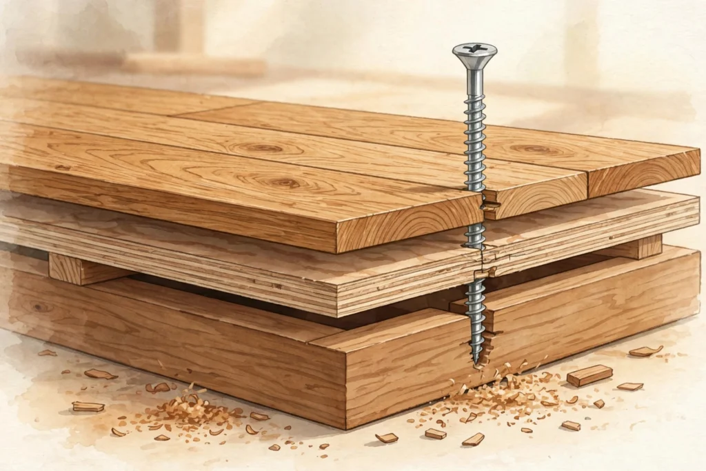 Diagram of driving a breakaway screw through hardwood flooring into a joist to fix a squeak